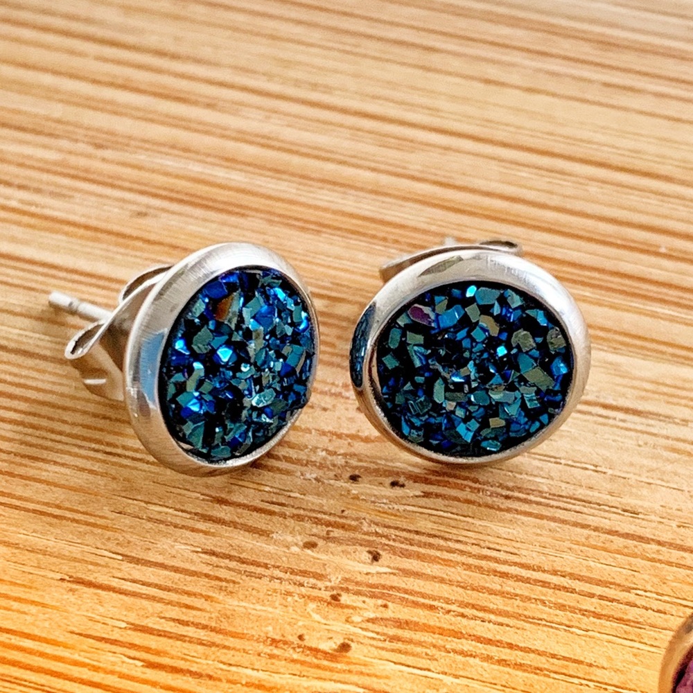 NWT Blue Druzy Surgical Steel Stud Earrings – 8mm, Hypoallergenic - Picture 7 of 10